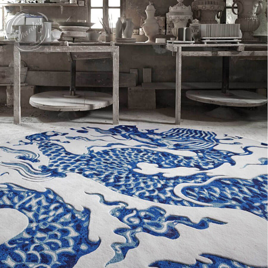 Gandia Blasco Blue China Chinese Dragon Drawing Rug Round Colors Gandia Blasco Blue China Chinese Dragon Drawing Rug