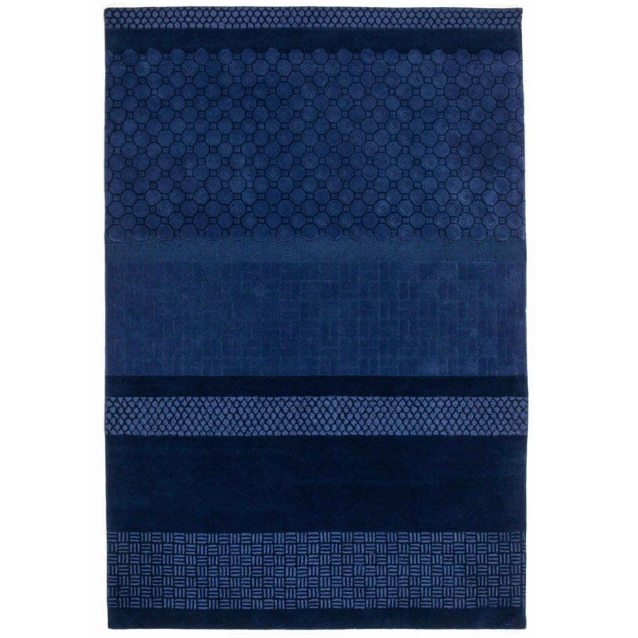 Jie Multi Stripe Dark Blue Wool Rug By, Blue Wool Rugs