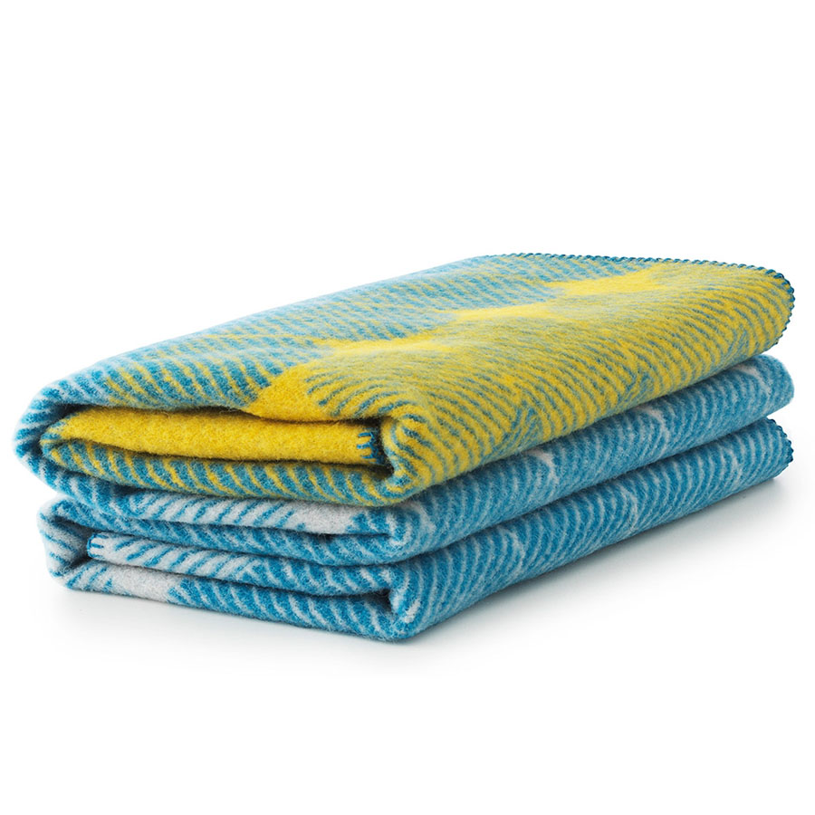 Modern Graphic Midsummer Wool Throw Blanket In Yellow Dusty Blue Stardust