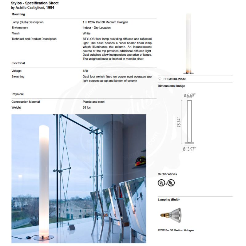 Flos White Stylos Floor Lamp by Achille Castiglioni Stardust Modern